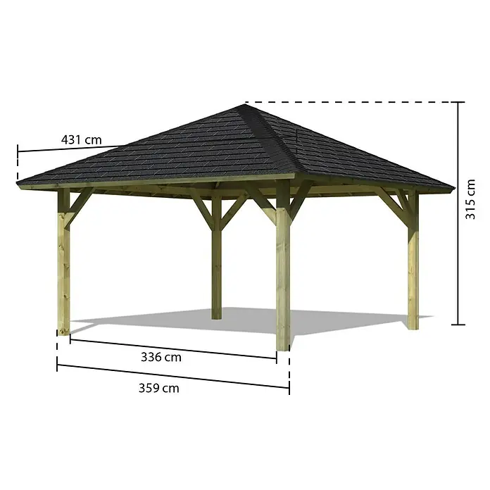 Karibu Pavillon Holm 1 Set - 431 x 431 cm, Schwarz, Natur - Abbildung eines Holzpavillons mit Maßen für die Planung.