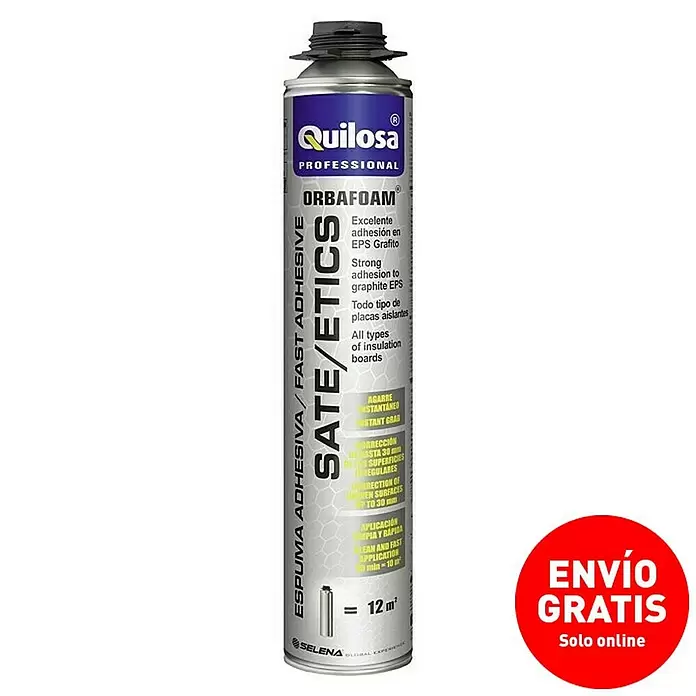 Quilosa Espuma adhesiva SATE - 750 ml - Bote de espuma adhesiva rápida Quilosa Orbafoam para paneles aislantes, plateado y azul.