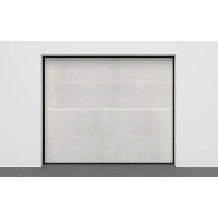 Solid Elements Puerta de garaje con motor Standard Eco - 250 x 212,5 cm, Blanco - Primer plano de una moderna puerta de garaje blanca con paneles horizontales y un elegante marco negro. La puerta tiene un diseño limpio y moderno.
