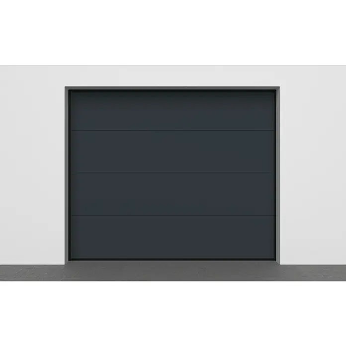Solid Elements Puerta de garaje con motor Standard Pro - 250 x 212,5 cm, Antracita - Una puerta de garaje moderna antracita con líneas horizontales, encajada en una pared blanca. La puerta tiene un diseño minimalista y elegante.