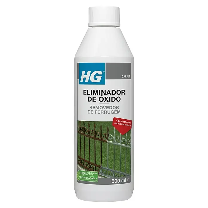 HG Eliminador de óxido - 500 ml - Botella de eliminador de óxido HG para garaje, 500 ml. Elimina el óxido y protege con un efecto extra repelente. Botella de plástico reciclable.