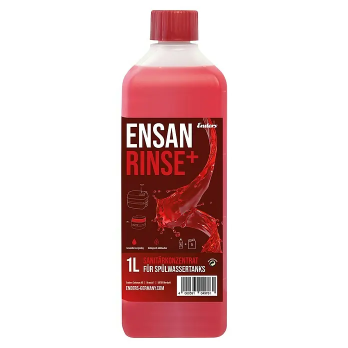 Enders Sanitärflüssigkeit Ensan Rinse+ - 1 l - Flasche Enders ENSAN Rinse+ Sanitärkonzentrat für Spülwassertanks, 1 Liter. Die Flüssigkeit ist rot und die Flasche ist hauptsächlich weiß und rot.