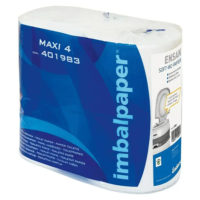 Enders Toilettenpapier - Anzahl Rollen: 4 Stk., Anzahl Blätter: 300 Stk. - Abbildung einer Packung ENSAN Soft-WC-Papier, Maxi 4 Rollen, bekannt für seine extreme Weichheit und Stärke.