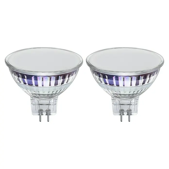 Osram Star LED-Lampen Set MR16 - 4,3 W, 396 lm, 2 Stk. - Zwei MR16 LED-Lampen, ideal für Akzentbeleuchtung und energieeffiziente Lösungen, auf schwarzem Hintergrund.