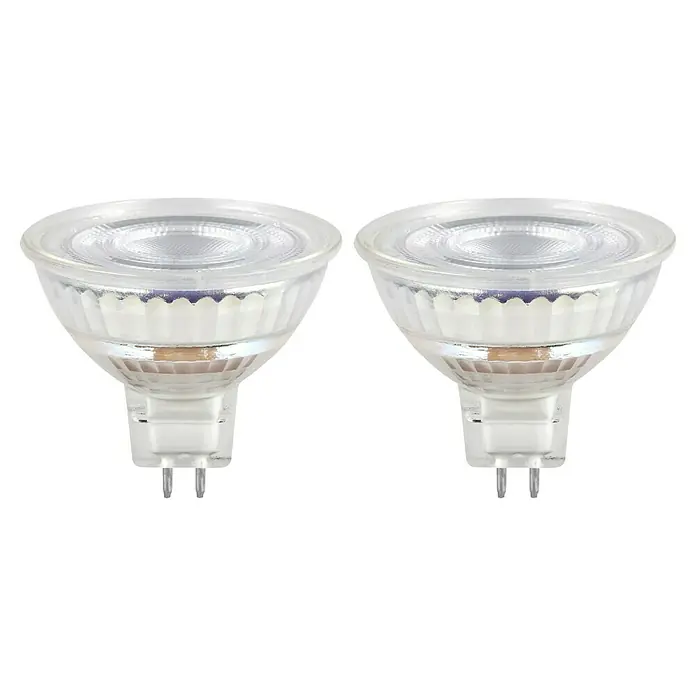 Osram Star LED-Lampen Set MR16 - 6,5 W, 630 lm, 2 Stk. - Zwei MR16 LED-Lampen sind auf einem schwarzen Hintergrund zu sehen, mit klaren Gläsern und Stiftsockeln. Sie sind für den Einsatz in Einbauleuchten konzipiert.