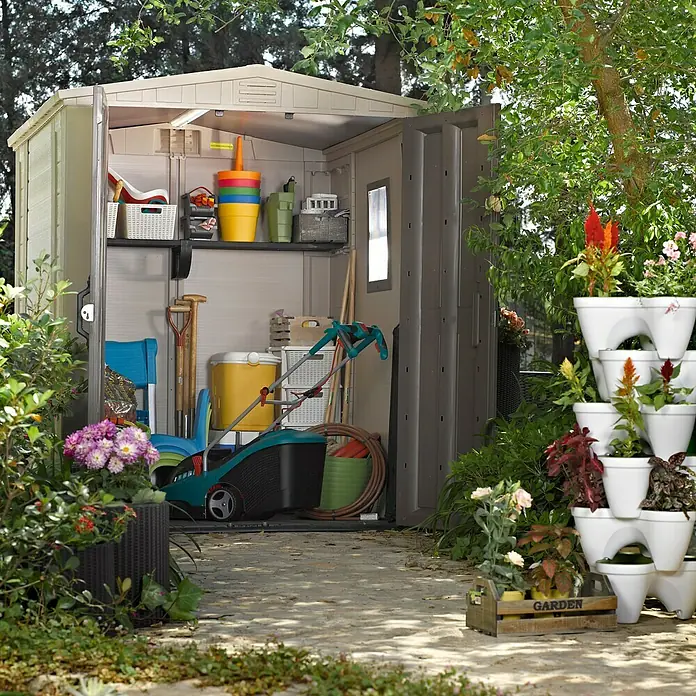 Keter Caseta de jardín Factor 6x6 - Medidas ext. (An x Pr): 195,5 x 178 cm, Taupe/Beige, Plástico, Área: 3,47 m² - Este espacioso cobertizo de jardín ofrece un amplio espacio de almacenamiento para herramientas y equipos de jardinería, perfecto para mantener ordenado tu espacio exterior.