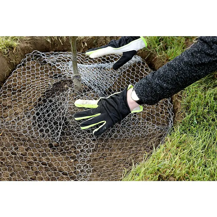 Kerbl Wühlmauskorb Klein - L x B x H: 35 x 35 x 40 cm - Nahaufnahme eines Baums, der mit einem Drahtgeflecht geschützt wird, wobei Hände mit Gartenhandschuhen bei der Installation helfen.