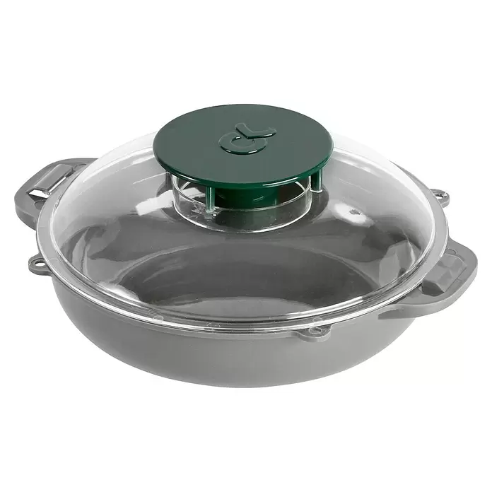 Kerbl Wespenfalle VespaNo - L x B x H: 21 x 18 x 5 cm - Graue Essensschüssel mit transparentem Domdeckel und dunkelgrünem Griff mit Barrierefrei-Symbol.