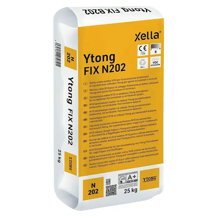 Ytong Mortero para cemento rápido - 25 kg - Saco de mortero de capa fina Ytong FIX N202 para procesar hormigón celular Ytong, para juntas horizontales y verticales, cero emisiones COV.