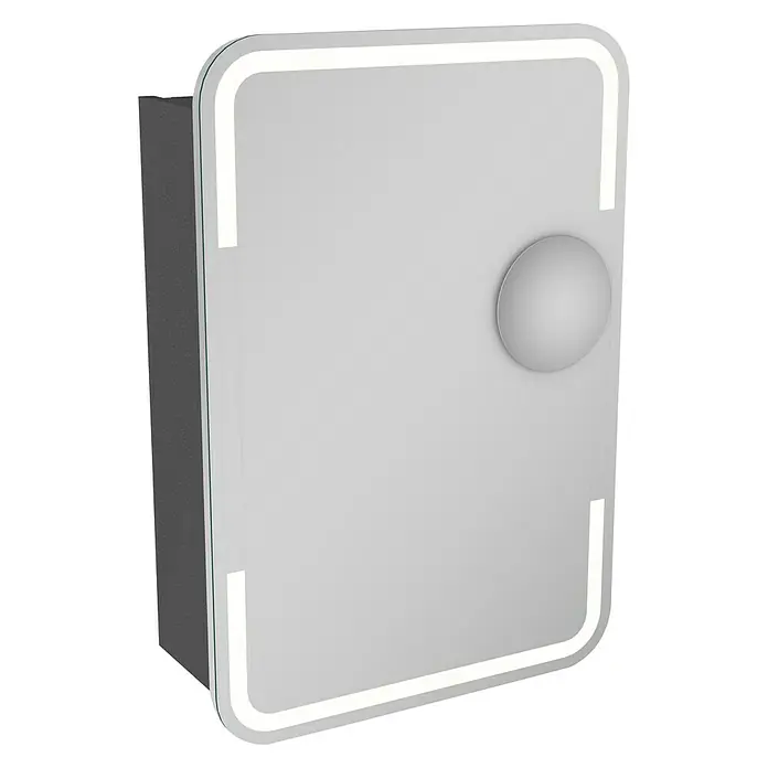 Camargue Stella LED-Spiegelschrank - B x H: 51 x 73,7 cm, Holz, Grafit, DIN Anschlag: Links, Kantenausführung Tür: Abgerundet - LED-beleuchteter Spiegelschrank mit rundem Griff. Dieser elegante Schrank bietet stilvolle Beleuchtung und praktischen Stauraum.