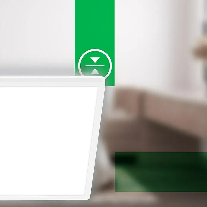 Brilo LED-Panel - 14 W, L x B x H: 42 x 42 x 3 cm, Weiß, Neutralweiß - Produktaufnahme eines modernen, flachen LED-Panels mit weißem Rahmen und einer grünen Markierung. Ideal für stilvolle Beleuchtung.