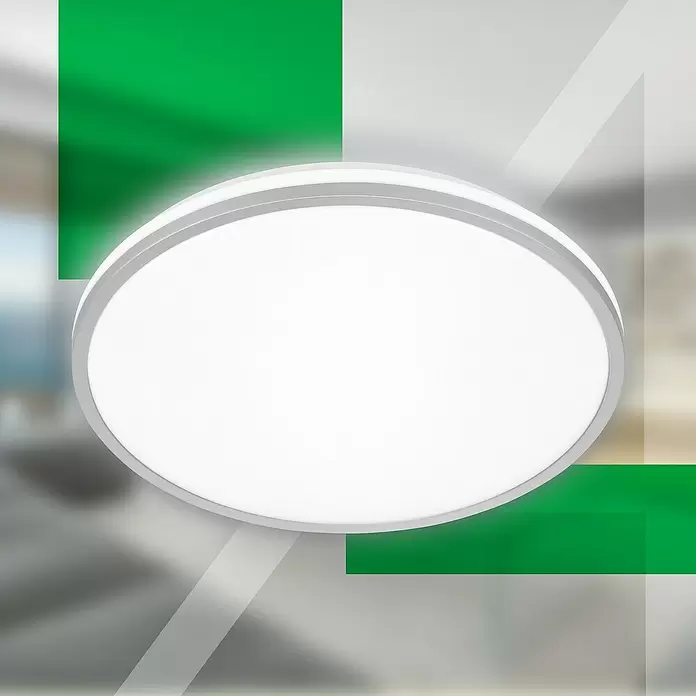 Brilo LED-Panel rund - 8,5 W, Ø x H: 33 x 6 cm, Chrom matt, Neutralweiß - Runde LED-Deckenleuchte mit weißem Diffusor und silbernem Rand, beleuchtet.