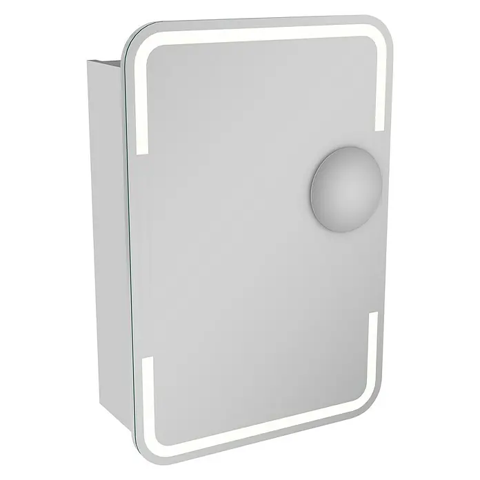 Camargue Stella LED-Spiegelschrank - B x H: 51 x 73,7 cm, Holz, Weiß, DIN Anschlag: Links, Kantenausführung Tür: Abgerundet - Ein beleuchteter Spiegelschrank mit abgerundeten Ecken und einem runden Griff ist auf dem Bild zu sehen.