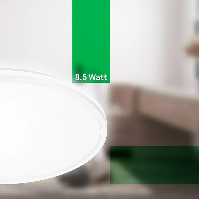Brilo LED-Panel rund - 8,5 W, Ø x H: 33 x 6 cm, Weiß, Neutralweiß - Nahaufnahme einer weißen LED-Deckenleuchte mit der Aufschrift "8,5 Watt" vor einem verschwommenen Hintergrund.