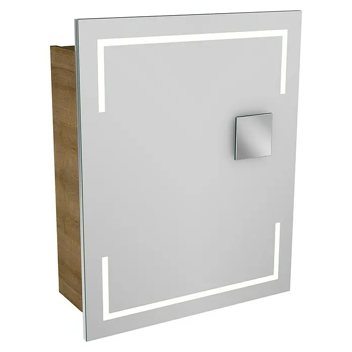 Lanzet K1 Badmöbel-Set K16B2R - Gesamtbreite Badmöbel: 59,2 cm, Berg Eiche, DIN Anschlag: Rechts - Schrank mit beleuchtetem Spiegel und Holzrahmen. Der Spiegelschrank bietet sowohl Stauraum als auch moderne Beleuchtung für das Badezimmer.