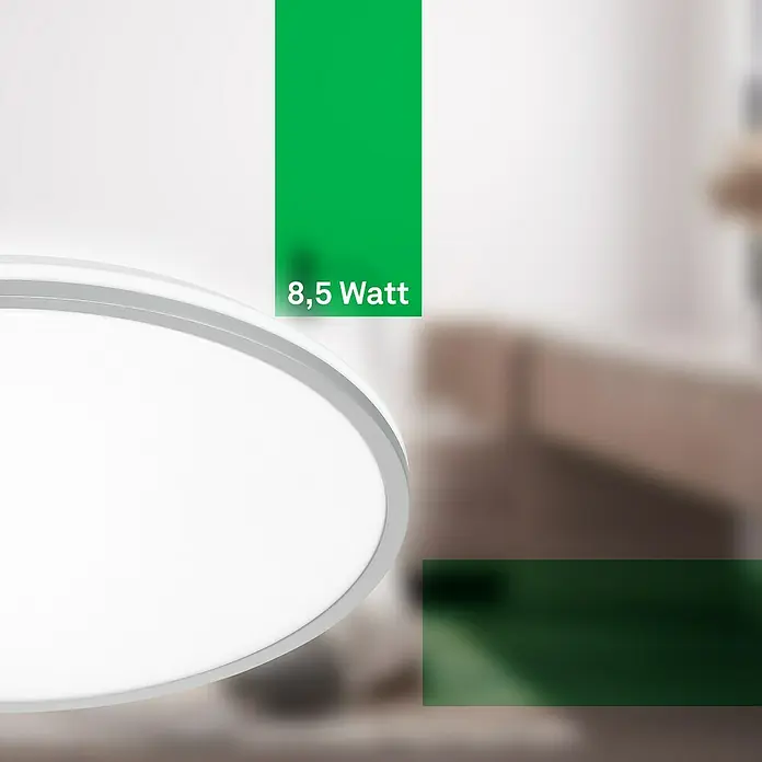 Brilo LED-Panel rund - 8,5 W, Ø x H: 33 x 6 cm, Chrom matt, Neutralweiß - Eine Nahaufnahme einer runden LED-Deckenleuchte mit silbernem Rahmen, die 8,5 Watt Leistung verbraucht und für eine helle, effiziente Beleuchtung sorgt.