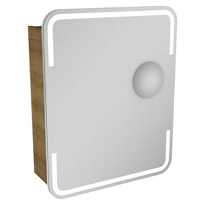 Lanzet M9 Badmöbel-Set M96B2R - Gesamtbreite Badmöbel: 59,2 cm, Berg Eiche, DIN Anschlag: Rechts - Elegantes Spiegelschrank-Design mit integrierter LED-Beleuchtung und einem praktischen runden Knopf, ideal für moderne Badezimmer.\n