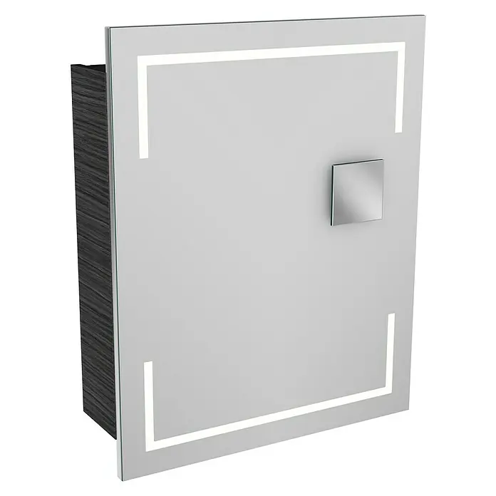 Lanzet K1 Badmöbel-Set K16D2R - Gesamtbreite Badmöbel: 59,2 cm, Dark Oak, DIN Anschlag: Rechts - Ein quadratischer Spiegelschrank mit einem Holzrahmen und einer LED-Beleuchtung um den Spiegel für ein modernes Badezimmer.