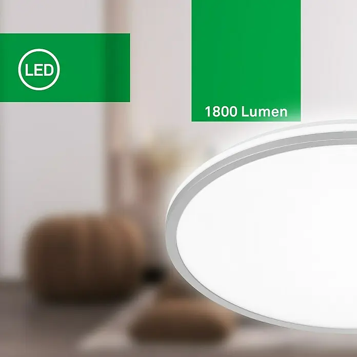 Brilo LED-Panel rund - 8,5 W, Ø x H: 33 x 6 cm, Chrom matt, Neutralweiß - Bild einer LED-Deckenleuchte mit 1800 Lumen. Die moderne Leuchte sorgt für helles und effizientes Licht im Raum.