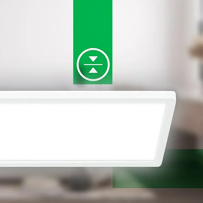 Brilo LED-Panel - 14 W, L x B x H: 58 x 20 x 3 cm, Weiß, Neutralweiß - Eine Nahaufnahme einer rechteckigen, weißen LED-Panel-Leuchte, ideal für moderne Innenräume, mit einem grünen Akzent darüber.