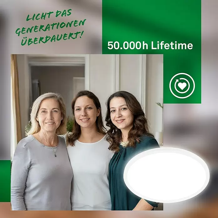 Brilo LED-Panel rund - 14 W, Ø x H: 42 x 3 cm, Weiß, Neutralweiß - Eine ovale, weiße, leuchtende Lichtleiste mit drei Frauen, die ihre 50.000h Lebensdauer über Generationen hinweg betont.