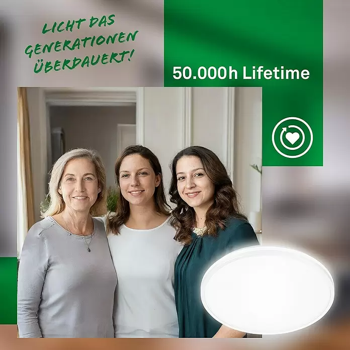 Brilo LED-Panel rund - 8,5 W, Ø x H: 33 x 6 cm, Weiß, Neutralweiß - Runde, weiße, leuchtende LED-Leuchte, von einer Frau gehalten.