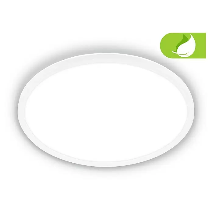 Brilo LED-Panel rund - 14 W, Ø x H: 42 x 3 cm, Weiß, Neutralweiß - Weißes ovales Servierplatte mit dezentem Schatteneffekt und grünem Blatt-Logo oben rechts.