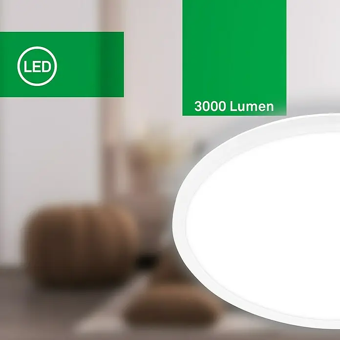 Brilo LED-Panel rund - 14 W, Ø x H: 42 x 3 cm, Weiß, Neutralweiß - Bild einer runden LED-Deckenleuchte mit dem Hinweis "3000 Lumen", die für helle und effiziente Beleuchtung wirbt.