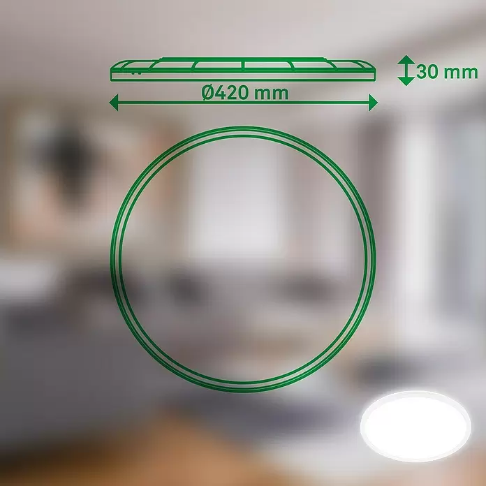 Brilo LED-Panel rund - 14 W, Ø x H: 42 x 3 cm, Weiß, Neutralweiß - Rundes LED-Panel, Ø 420mm, 30mm dünn, mit Maßangaben in Innenraumumgebung.