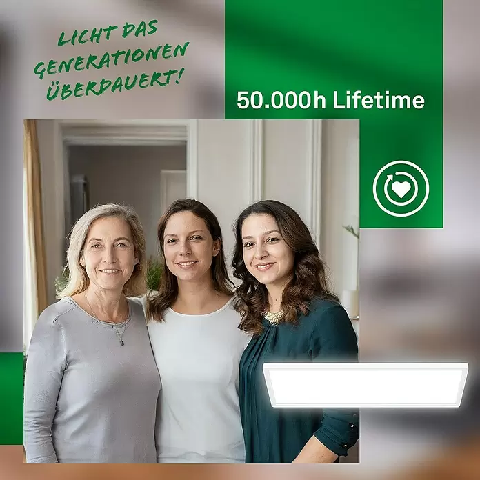 Brilo LED-Panel - 14 W, L x B x H: 58 x 20 x 3 cm, Weiß, Neutralweiß - Drei lächelnde Frauen mit leuchtendem LED-Panel und grünem Text, der 50.000h Lebensdauer und generationenübergreifende Haltbarkeit hervorhebt.
