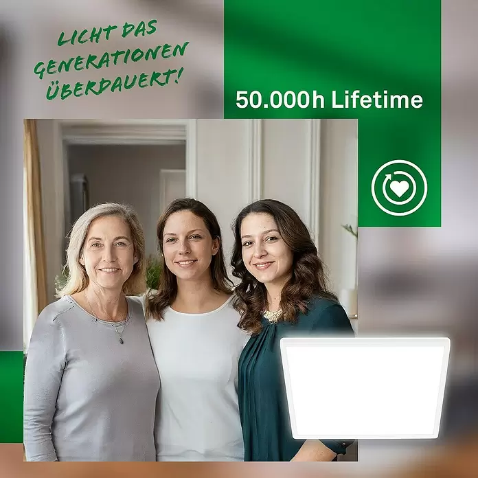 Brilo LED-Panel - 14 W, L x B x H: 42 x 42 x 3 cm, Weiß, Neutralweiß - Leuchtende weiße rechteckige Leuchte in häuslicher Umgebung mit drei Frauen.