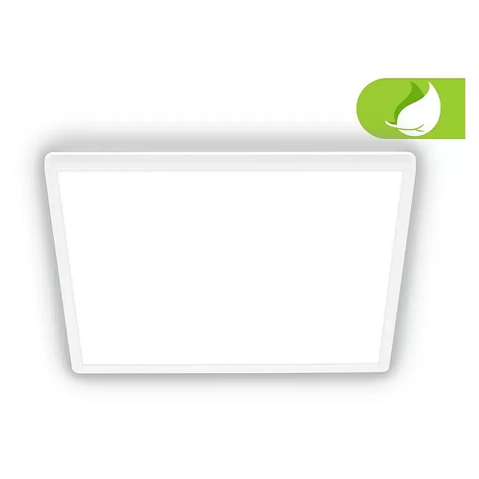 Brilo LED-Panel - 14 W, L x B x H: 42 x 42 x 3 cm, Weiß, Neutralweiß - Weißes rechteckiges LED-Panel mit grünem Blattlogo, das Energieeffizienz kennzeichnet.