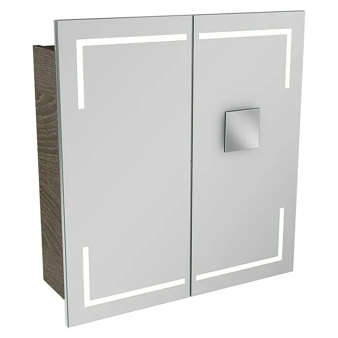 Lanzet K5 Badmöbel-Set K57E2R - 67,9 cm, Eiche Maron - Doppeltüriger Spiegelschrank mit rechteckigem Griff und LED-Beleuchtung für Badezimmer zur Aufbewahrung von Badutensilien.