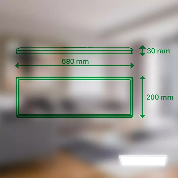 Brilo LED-Panel - 14 W, L x B x H: 58 x 20 x 3 cm, Weiß, Neutralweiß - Maße einer weißen rechteckigen LED-Leuchte: 580 mm Länge, 200 mm Breite, 30 mm Höhe.