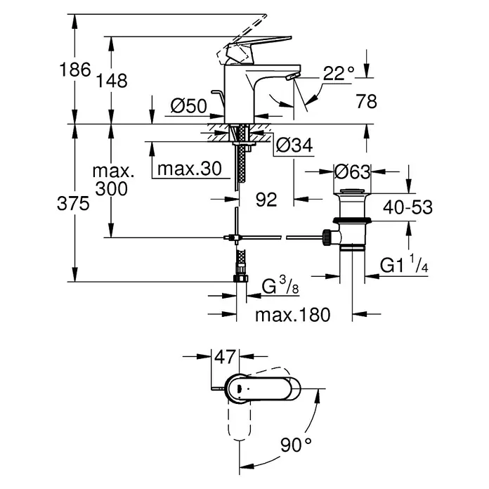 Grohe Eurosmart Cosmopolitan Waschtischarmatur S-Size mit ES-Funktion - Mit Zugstange, Chrom, Glänzend, Kaltwasserstart - Produktzeichnung einer Armatur mit den Maßen 186 x 375 mm und einem Auslaufwinkel von 22 Grad.