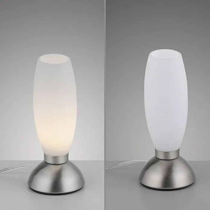 Paul Neuhaus LED-Tischleuchte Joy - L x B x H: 8,5 x 8,5 x 20 cm, Stahl, Warmweiß - Tischleuchte aus gebürstetem Stahl mit einem Lampenschirm aus weißem Glas, einmal beleuchtet und einmal ausgeschaltet.