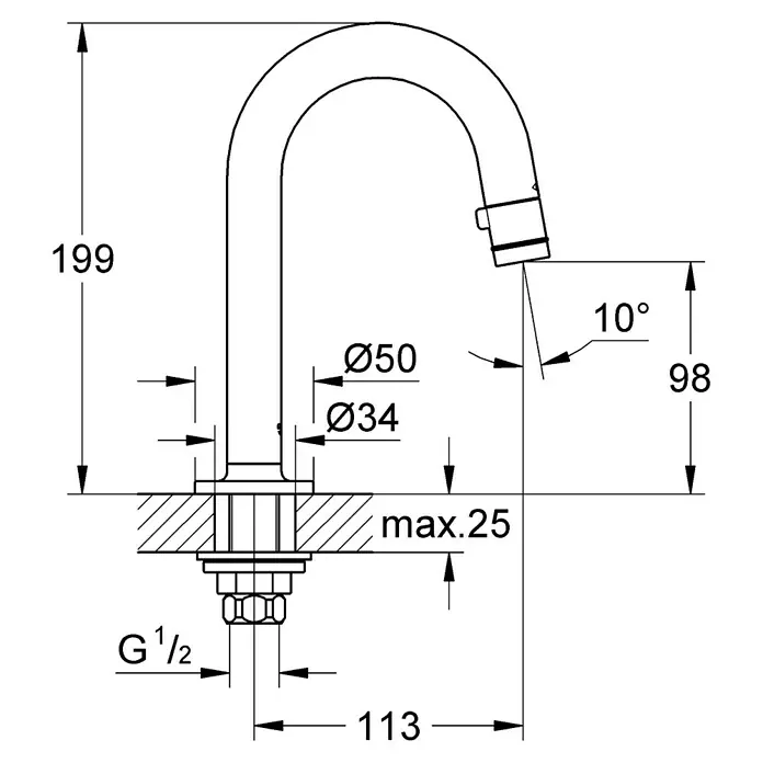 Grohe Kaltwasser-Standventil Universal - C-Auslauf, Chrom, Glänzend - Technische Zeichnung eines Wasserhahns mit Maßangaben zu Höhe, Ausladung und Durchmesser.