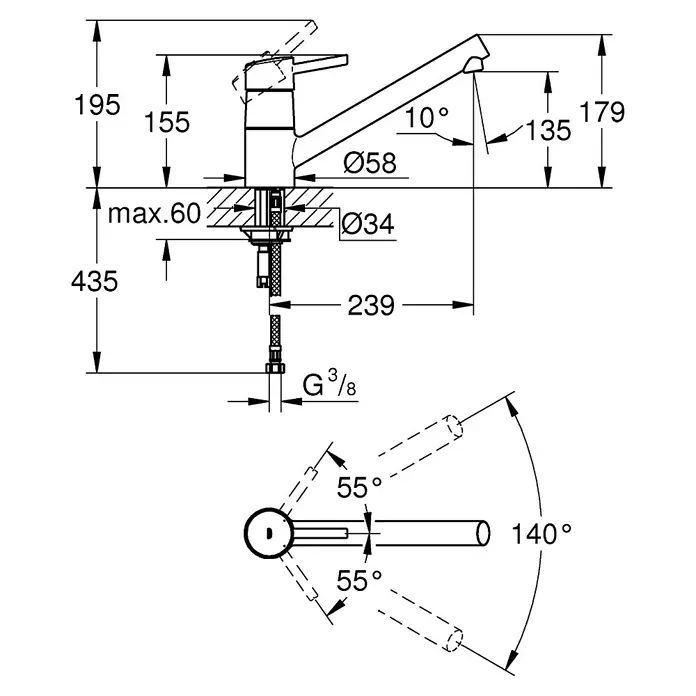 Grohe Concetto Spültischarmatur - Chrom, Glänzend, Schwenkbar - Detaillierte technische Zeichnung einer Küchenarmatur mit Bemaßungen und Schwenkbereich.