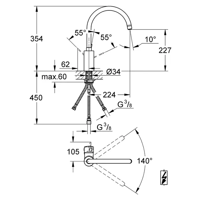 Grohe Eurosmart Cosmopolitan Spültischarmatur - Niederdruck, Chrom, Glänzend, Beweglichkeit Auslauf: Schwenkbar, Hebelgriff - Technische Zeichnung einer Armatur mit Maßen, die die Höhe, Ausladung und Winkel der Armatur sowie die Position des Griffs zeigen.