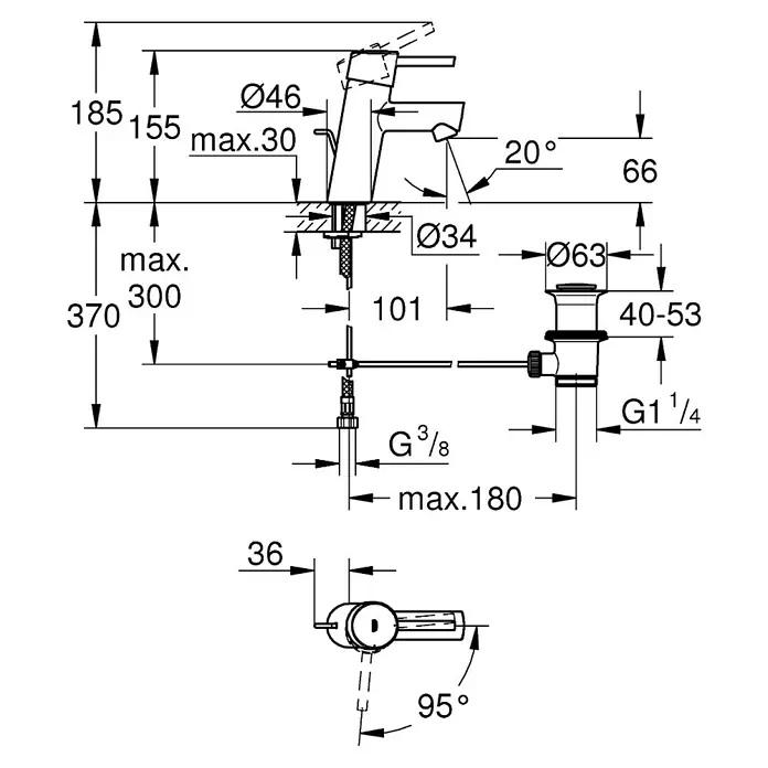 Grohe Concetto Waschtischarmatur S-Size mit Energie-Spar-Funktion - Mit Zugstange, Chrom, Glänzend - Eine detaillierte Schemazeichnung eines Wasserhahns mit Maßangaben zu seiner Installation und den Anschlüssen.