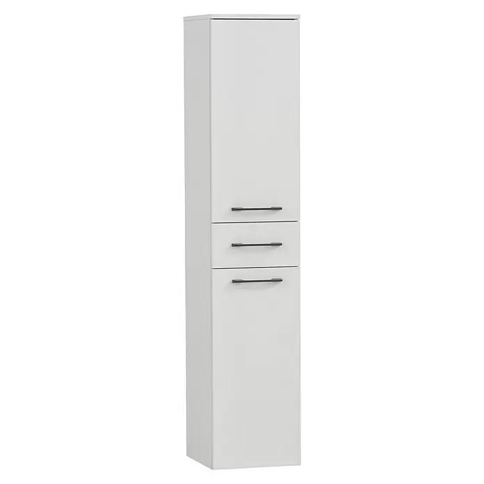 Schildmeyer Maxim Hochschrank - B x T x H: 32,7 x 35,3 x 159,1 cm, Weiß, Matt - Weißer Hochschrank mit drei Schubladen und dunklen Metallgriffen.