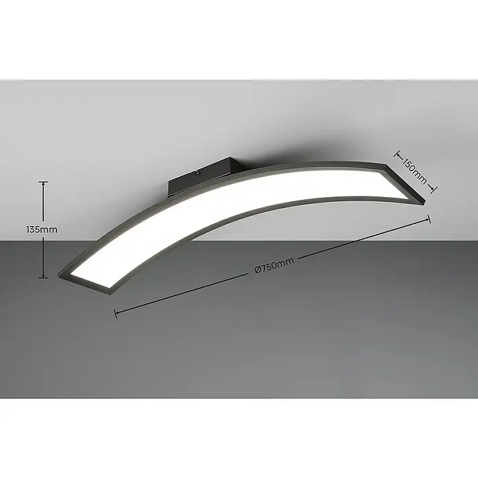 Reality Leuchten LED-Deckenleuchte Score - 23 W, L x B x H: 15 x 75 x 13,5 cm, Schwarz, Warmweiß - Nahaufnahme einer gebogenen Deckenleuchte mit LED-Beleuchtung und Größenangaben in Millimetern, die ihre Designmerkmale hervorhebt.