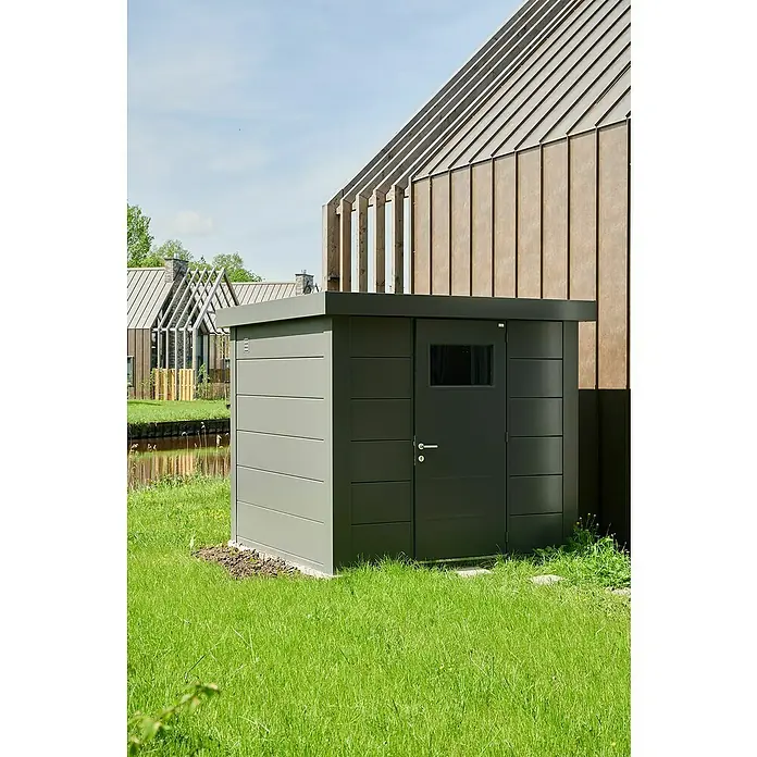 Telluria Metallgerätehaus Classico 2424 - Außenmaß inkl. Dachüberstand (B x T): 258 x 258 cm, Stahl, Anthrazit, Ohne Set - Moderne graue Gartenhütte mit Flachdach und Tür, ideal für die Aufbewahrung von Gartengeräten im Außenbereich.