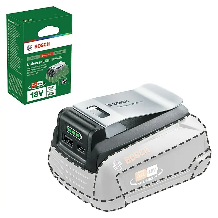 Bosch USB-Adapter Universal USB 18V-45 - Passend für: Power for All 18V Akkus - Das Bosch UniversalUSB 18V-45 ist ein Powerbank-Adapter für 18V-Akkus, der das Laden von USB-Geräten ermöglicht.