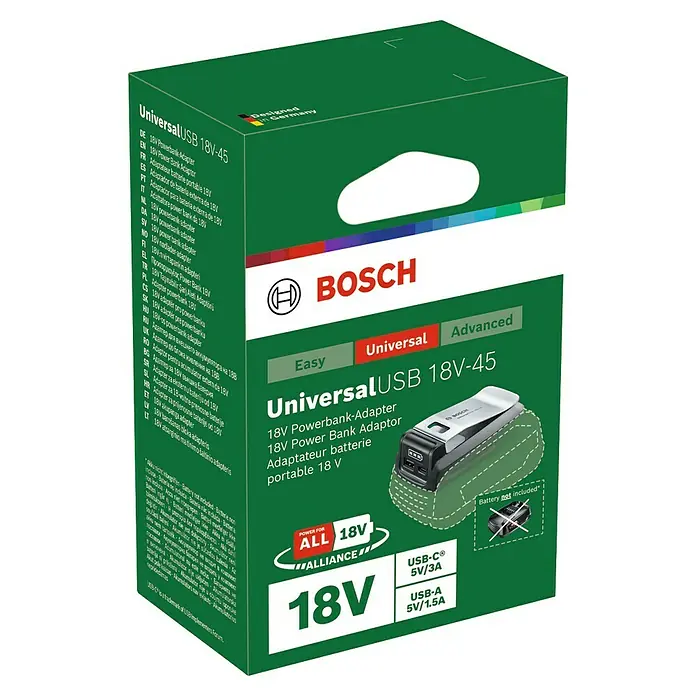 Bosch USB-Adapter Universal USB 18V-45 - Passend für: Power for All 18V Akkus - Das Bosch UniversalUSB 18V-45 ist ein kompakter 18V Powerbank-Adapter, ideal zum Aufladen von Geräten unterwegs.