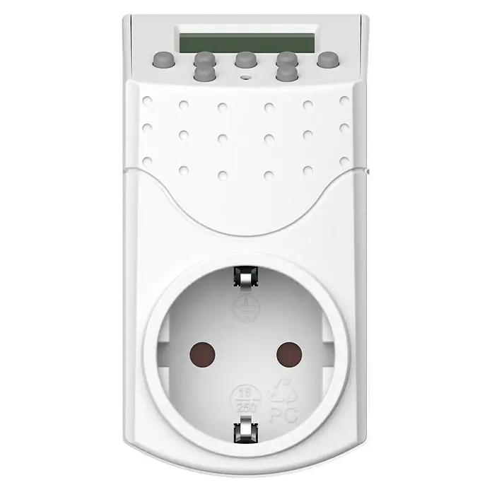 Wochen-Zeitschaltuhr - Digital, Max. Anschlussleistung: 1.800 W - Eine Nahaufnahme einer weißen digitalen Zeitschaltuhr mit einer runden Steckdose und mehreren Knöpfen zur Programmierung.