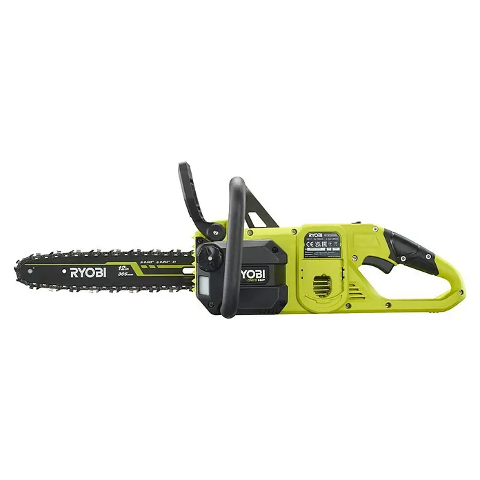 Ryobi ONE+HP Akku-Kettensäge RY18CSX30A-150 Whisper - 18 V, Li-Ionen, 1 Akku, Schwertlänge: 30 cm - Hier ist eine Akku-Kettensäge von Ryobi, ideal für Baumschnittarbeiten im Garten. Sie verfügt über ein 305 mm Schwert und einen Bügelgriff für Sicherheit.