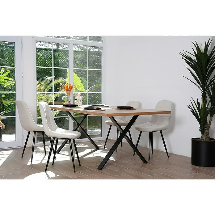 Tischbein CITYLINE Stockholm - 780 x 130 x 720 mm, Schwarz - Ein Esstisch-Set mit einem Holztisch und vier gepolsterten Stühlen im modernen Design.