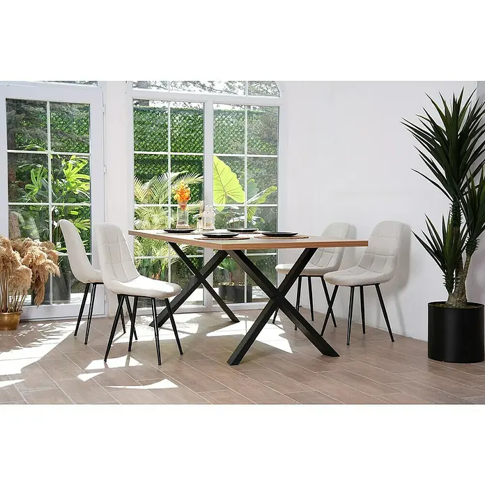 Tischbein CITYLINE Toledo - 780 x 268 x 720 mm, Schwarz - Elegantes Esszimmer-Set mit Holztisch und vier gepolsterten Stühlen. Das moderne Design wird durch Zimmerpflanzen ergänzt.