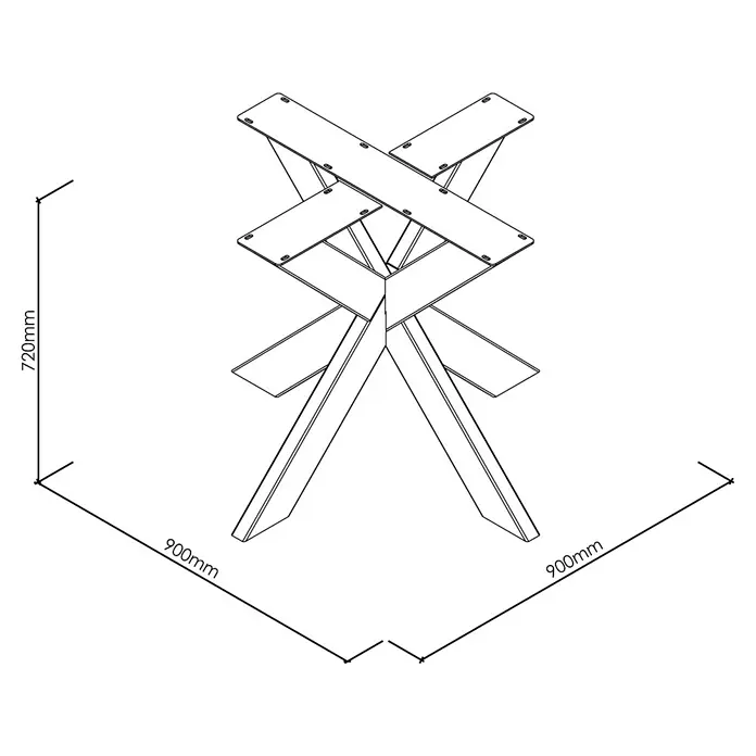 Tischbein CITYLINE Spider - 900 x 900 x 720 mm, Schwarz - Zeichnung eines modernen Tischgestells aus Metall mit den Maßen 720 mm Höhe und 900 mm Breite.